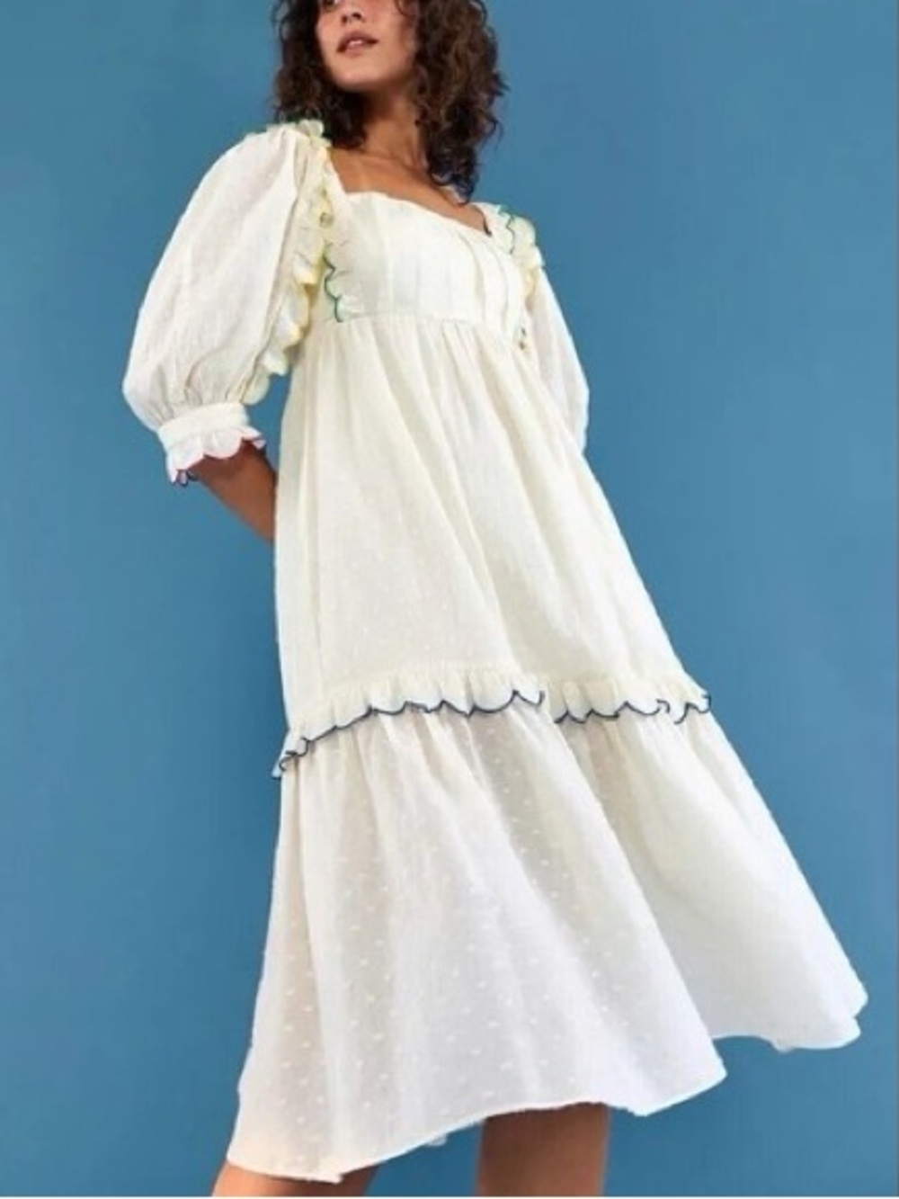 A-8 FARM Rio Off-White swiss dot Puff Sleeve Midi Dress
